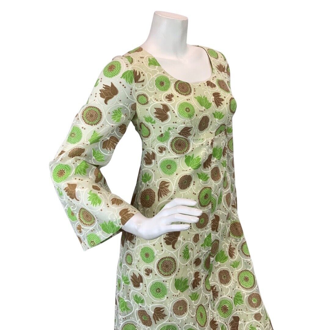 VINTAGE 60s 70s GREEN CREAM BROWN LEAFY VINE FLORAL MOD BOHO SHEER MAXI DRESS 12