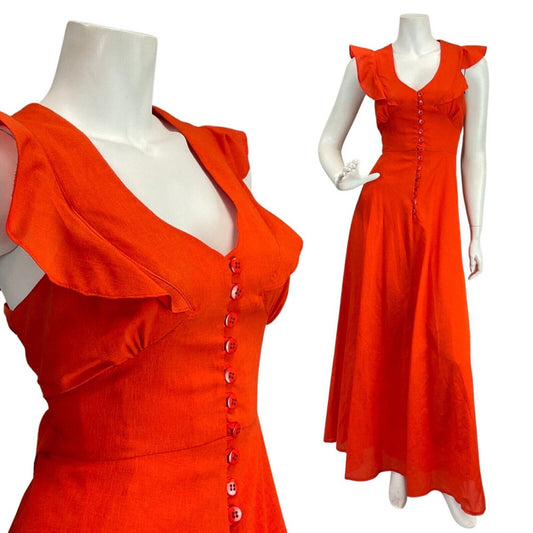 VINTAGE 60s 70s BRIGHT ORANGE BOHO MOD RUFFLED SLEEVELESS MAXI DRESS 8 10