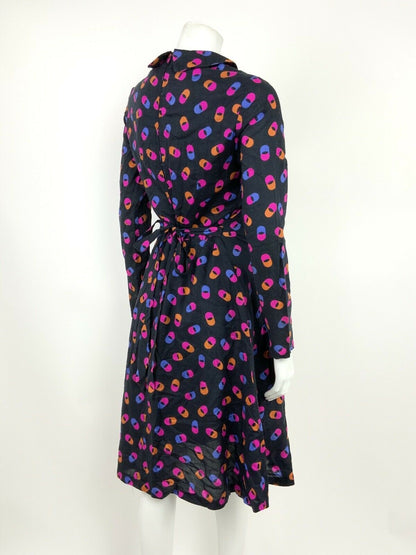 VINTAGE 60s 70s BLACK PINK ORANGE BLUE GEOMETRIC HIPPY DAGGER COLLAR DRESS 8 10