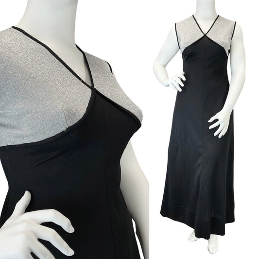 VINTAGE 60s 70s BLACK SILVER DISCO PARTY SLEEVELESS MAXI DRESS 14