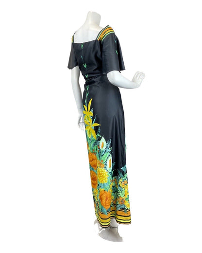 VINTAGE 60s 70s BLACK YELLOW ORANGE FLORAL SUMMER MAXI DRESS 12 14