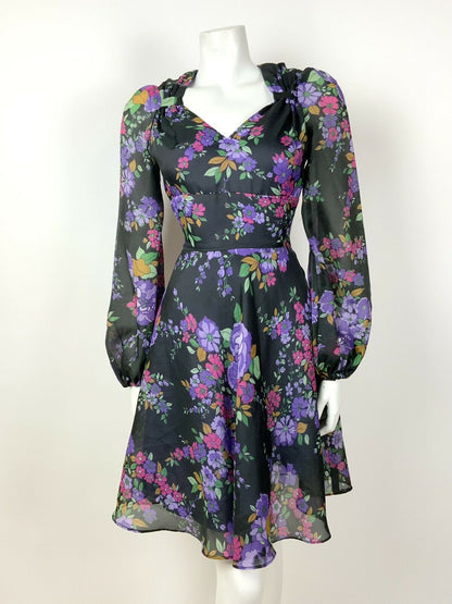 VINTAGE 60s 70s BLACK PURPLE PINK GREEN FLORAL SHEER FLOATY SWEETHEART DRESS 6 8