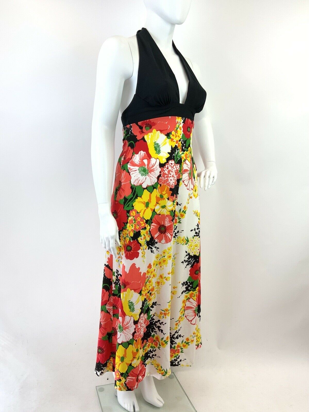 VINTAGE 60s 70s BLACK WHITE YELLOW RED FLORAL PLUNGING HALTER MAXI DRESS 14