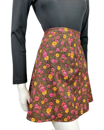 VINTAGE 60s 70s BROWN PINK YELLOW DOTTY FLORAL A-LINE SHORT SKIRT 8 10