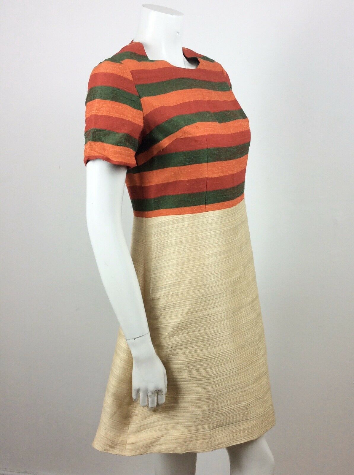 VTG 60S GREEN, RED, ORANGE CREAM STRIPED PREPPY VINTAGE DRESS