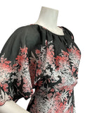 VINTAGE 60s 70s BLACK WHITE RED FLORAL LEAFY SHEER BOHO FOLK MAXI DRESS 8 10