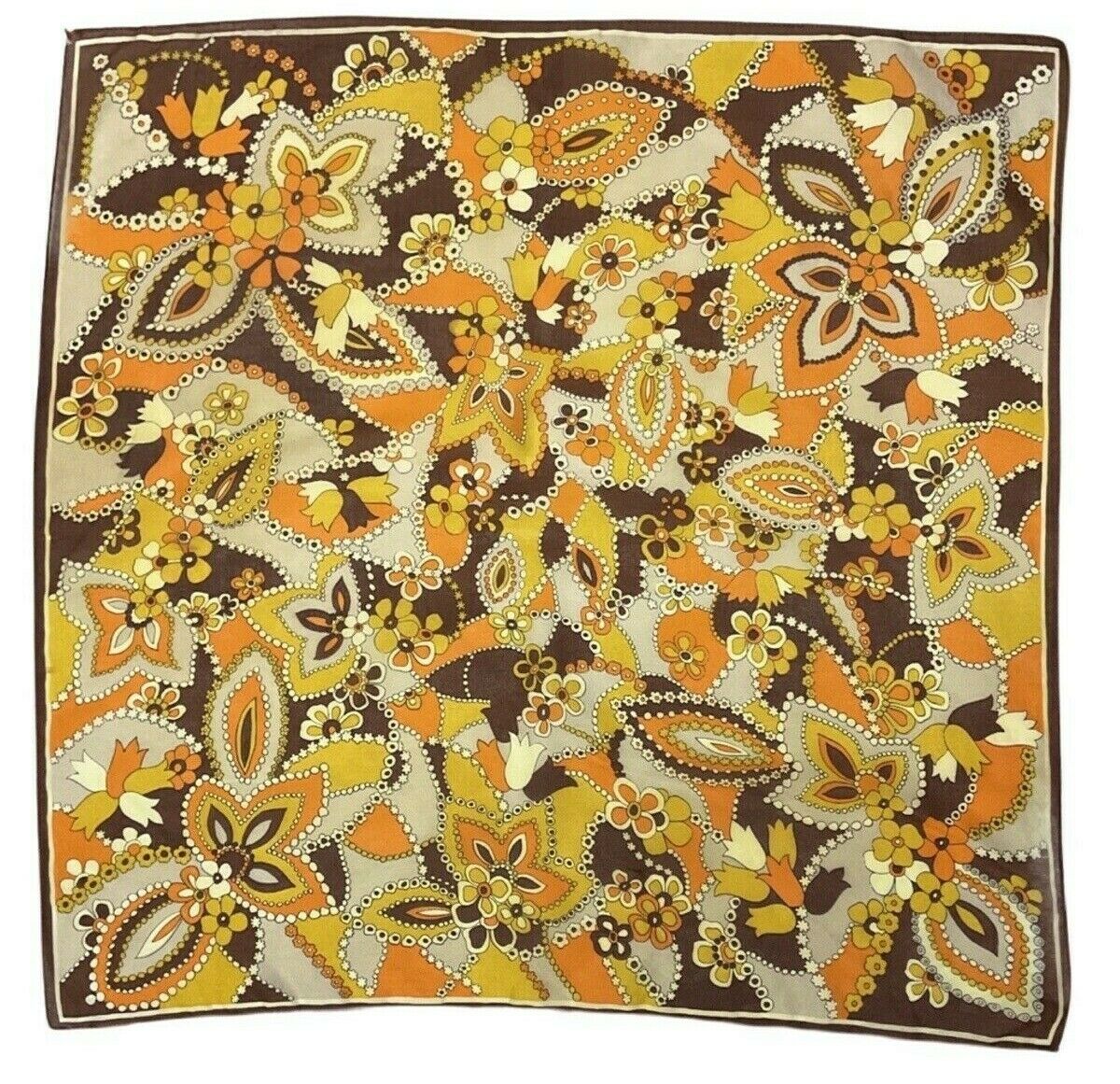 VINTAGE 60s 70s BROWN ORANGE YELLOW BEIGE FLORAL DAISY MOD BOHO SCARF