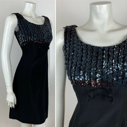 VINTAGE 60S BLACK BLUE IRIDESCENT SEQUIN COCKTAIL DRESS 8 10