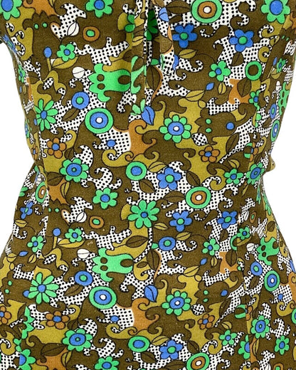 VINTAGE 60S 70S GREEN KHAKI BLUE FLORAL PSYCHEDELIC PRINT MINI DRESS 14