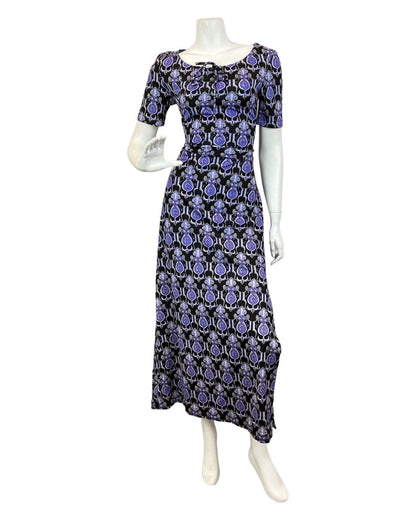 VINTAGE 60s 70s PURPLE BLACK PSYCHEDELIC NOUVEAU DECO MAXI DRESS 10 12