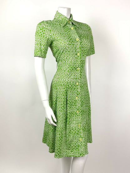 VINTAGE 60s 70s APPLE LIME GREEN WHITE DASH CROSS HATCH DAGGER SHIRT DRESS 10 12