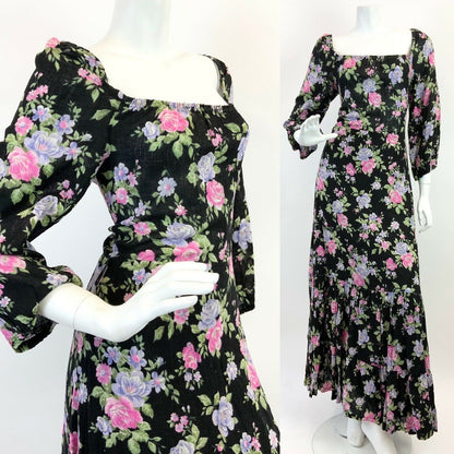 VINTAGE 60s 70s BLACK PINK PURPLE GREEN FLORAL ROSE RUFFLE MAXI DRESS 12