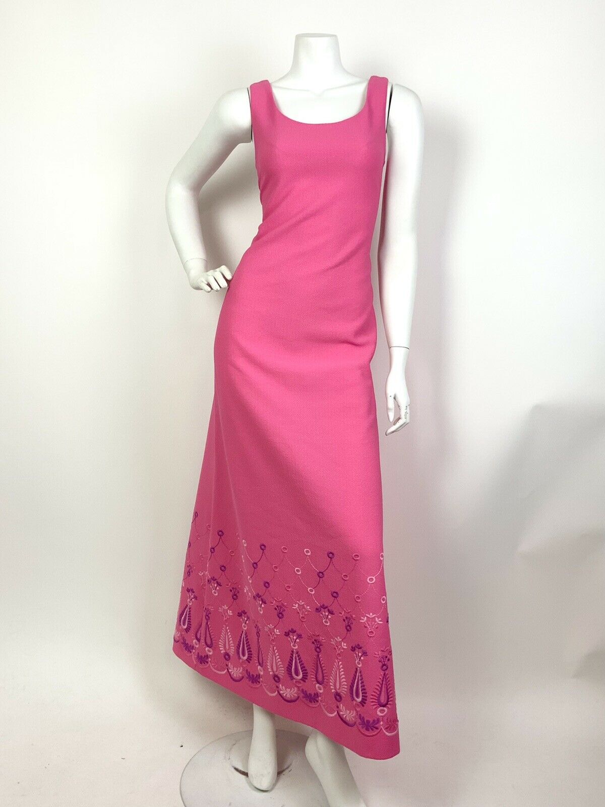 VTG 60s 70s BARBIE PINK PURPLE EMBROIDERED PAISLEY FLORAL SCALES MAXI DRESS 12