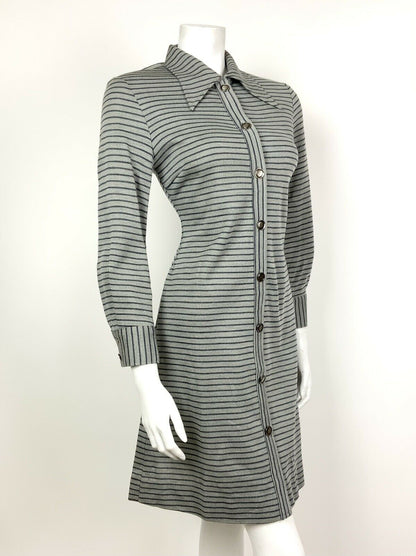 VINTAGE 60s 70s GREY BLUE STRIPED DAGGER COLLAR MOD SHIFT SCOOTER DRESS 8 10