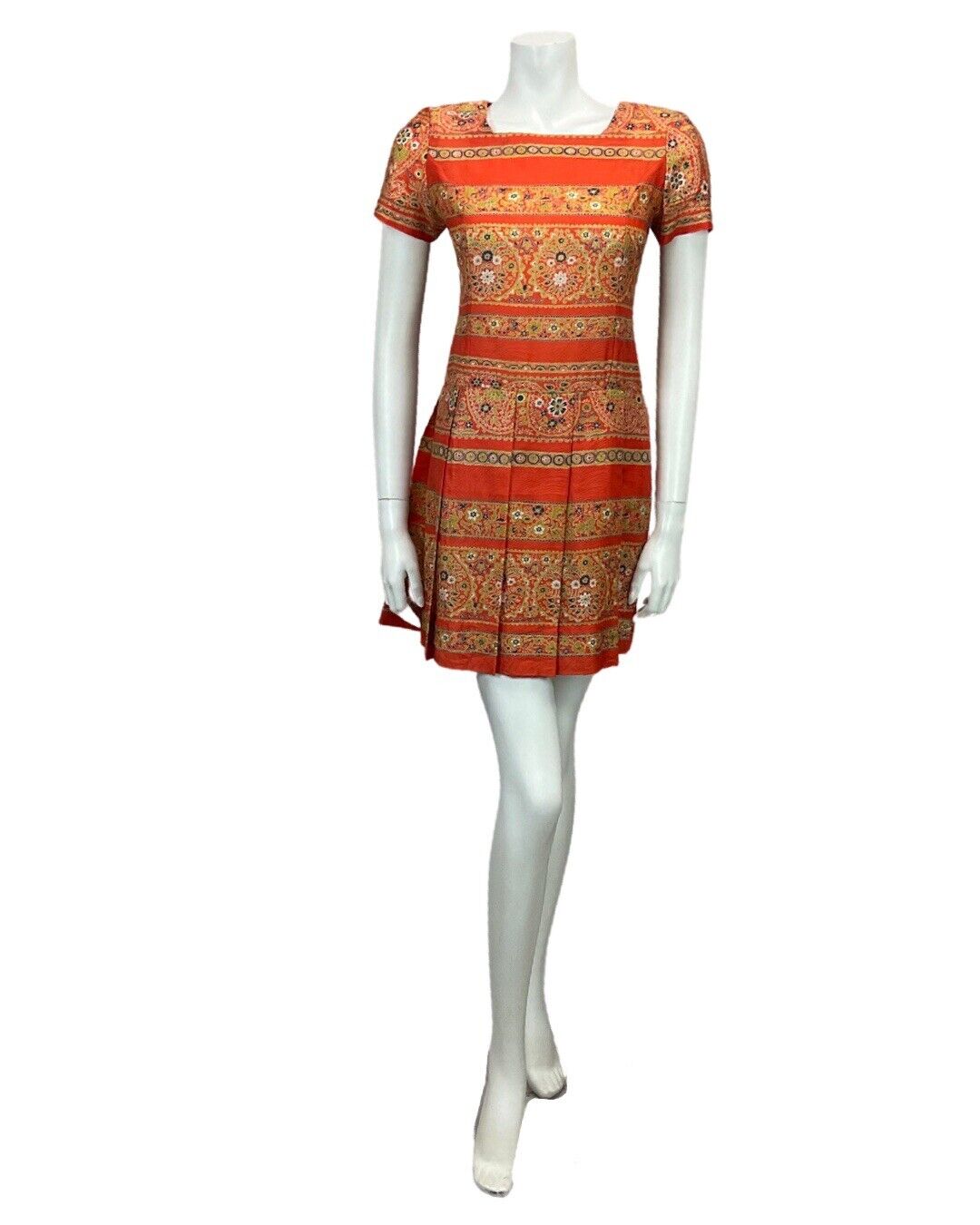 VINTAGE 60s 70s ORANGE GOLD PATTERNED PLEATED MINI DRESS 6 8