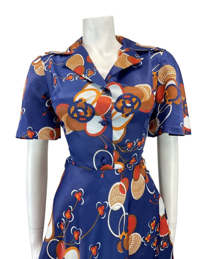 VINTAGE 60s 70s BLUE ORANGE RED ABSTRACT FLORAL MOD SWING SHIRT DRESS 8 10