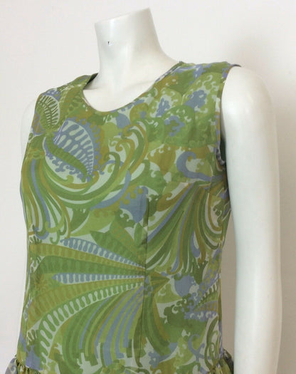 VINTAGE 60S GREEN BLUE PAISLEY DROP WAIST DRESS 12