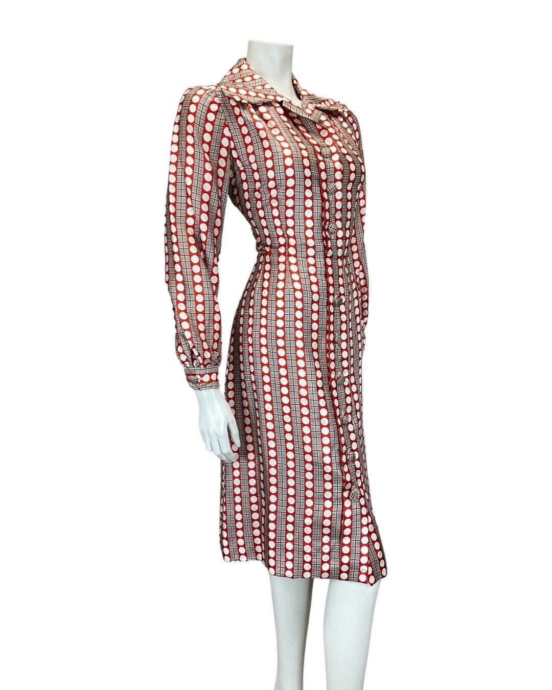 VINTAGE 60s 70sRED WHITE BROWN GRID CHECKED DOTTY MOD SHIRT DRESS 10