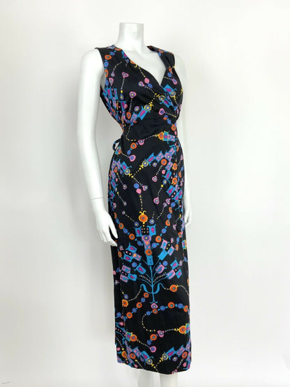 VINTAGE 60s 70s GEOMETRIC ABSTRACT BLACK BLUE PINK ORANGE WRAP MAXI DRESS 10