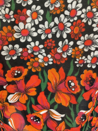 VINTAGE 60s 70s BLACK ORANGE GREEN FLORAL DAISY PUFF SLEEVE MIDI DRESS 8