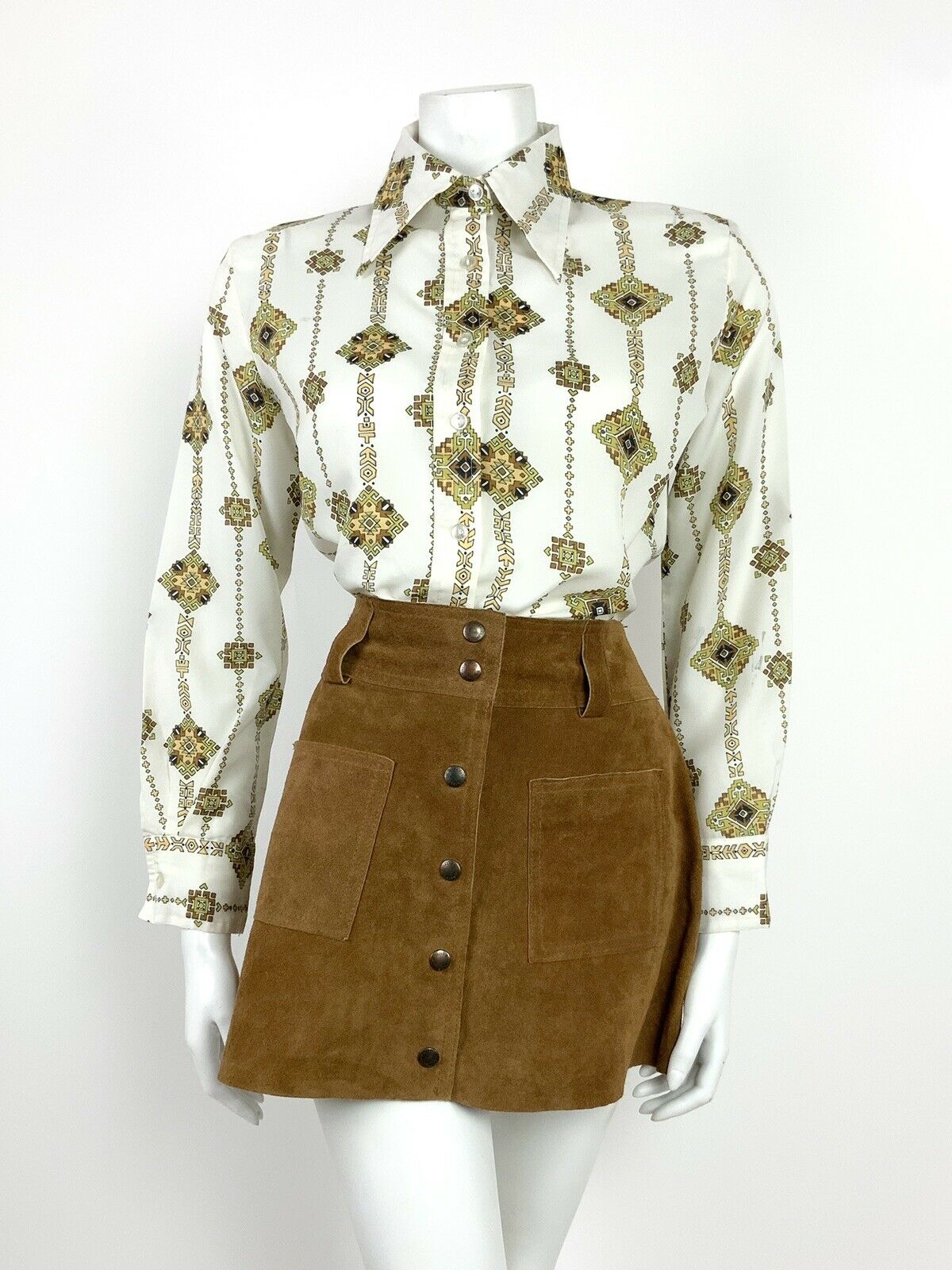 VTG 60s 70s WHITE BROWN BLACK OLIVE AZTEC GEOMETRIC DAGGER COLLAR SHIRT 12 14