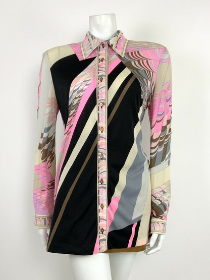 VTG 70s LEONARD PARIS BLACK GREY SILVER PINK OP-ART PSYCHEDELIC SHIRT 12 14