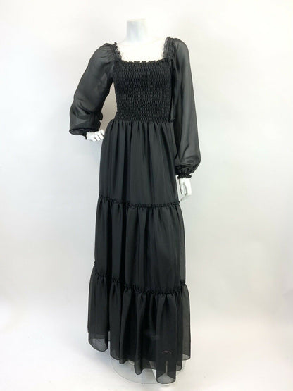 VINTAGE 60s 70s BLACK SHEER PUFF SLEEVE SHIRRED BOHO FOLK MAXI DRESS 4 6