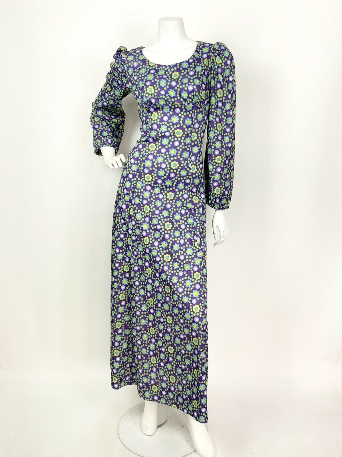 VTG 60s 70s PURPLE DAISY LIME GREEN BLUE PSYCHEDELIC FLORAL MAXI DRESS 8 10