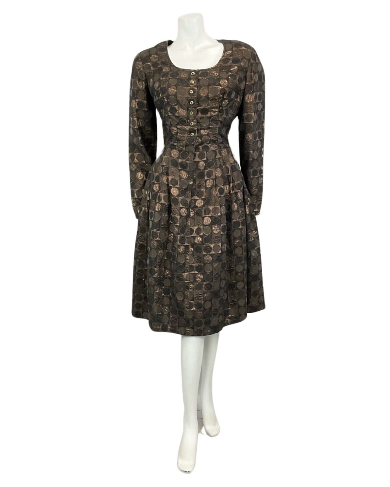 VINTAGE 60s 70s BROWN BRONZE METALLIC MOD MIDI PARTY CHRISTMAS EVENING DRESS 12