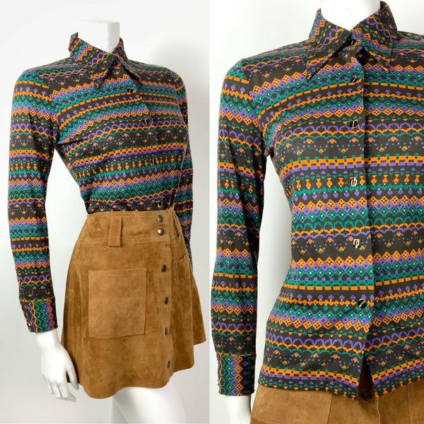 VINTAGE 60s 70s BROWN PURPLE ORANGE GREEN GEOMETRIC AZTEC DAGGER SHIRT 10 12