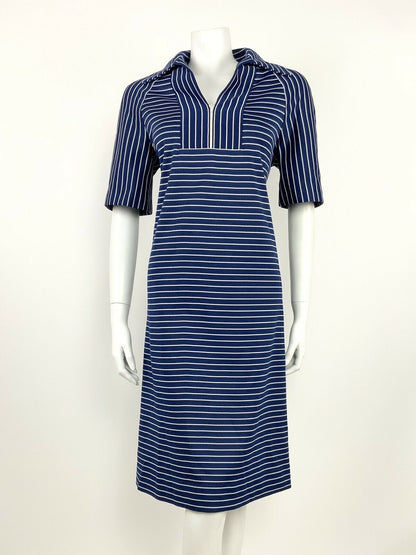 VTG 60s 70s NAVY BLUE WHITE STRIPED WING COLLAR MOD NAUTICAL SHIFT DRESS 14 16