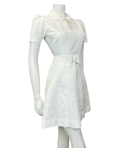 VINTAGE 60s 70s BRIGHT WHITE FLORAL BELTED MOD SHIRT SHORT DRESS 10