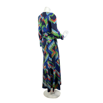 VINTAGE 60s 70s BLUE RED GREEN GEOMETRIC MARBLED OP-ART MOD MAXI DRESS 10