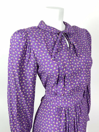 VINTAGE 60s 70s PURPLE GREEN PINK DOTTY DITSY PETER PAN BOW MIDI DRESS 8 10