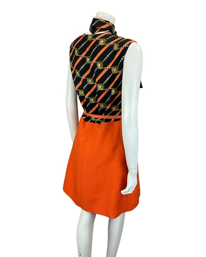 VINTAGE 60s 70s ORANGE BLACK STRIPED BELTED MOD PUSSYBOW SLEEVELESS MOD DRESS 12