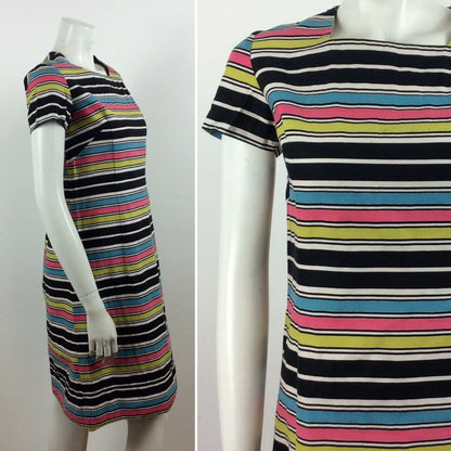 60S VINTAGE STRIPED BLACK WHITE GREEN PINK BLUE DRESS 12