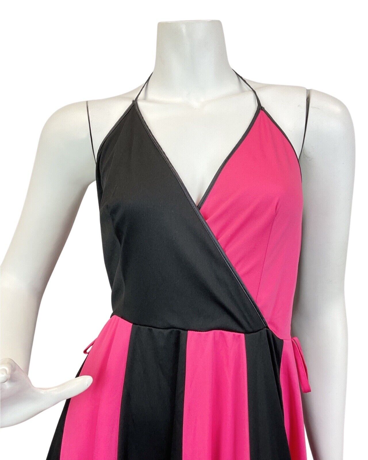 VINTAGE 70s NEON PINK BLACK DISCO STRAPPY HALTER MAXI DRESS 8