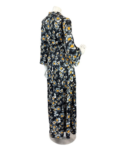 VINTAGE 60s 70s BLACK GREY YELLOW FLORAL PSYCHEDELIC MOD SHIRT MAXI DRESS 12