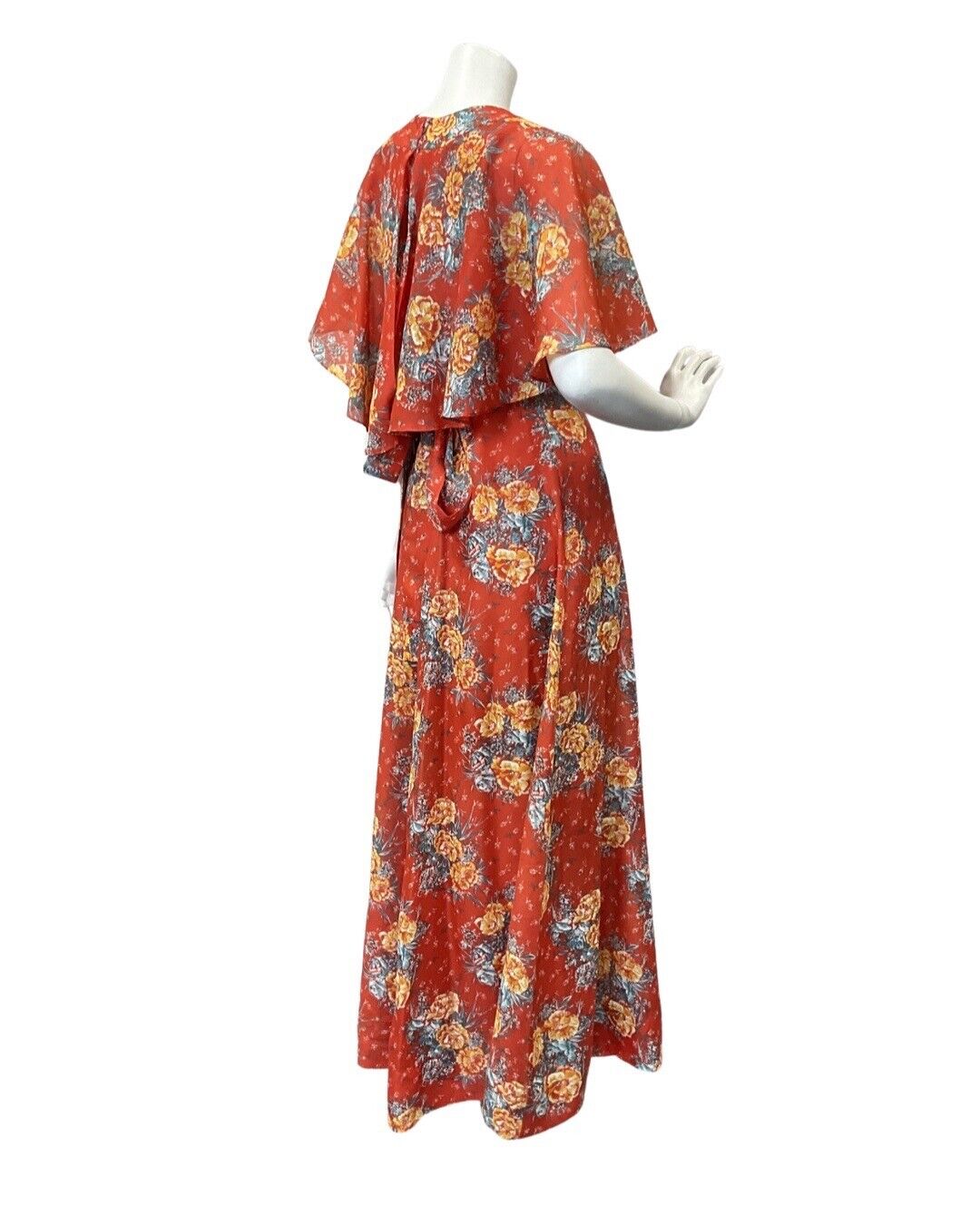 VINTAGE 60s 70s RED YELLOW BLUE FLORAL ROSE FLOWER CAPE SLEEVE BOHO MAXI DRESS 8