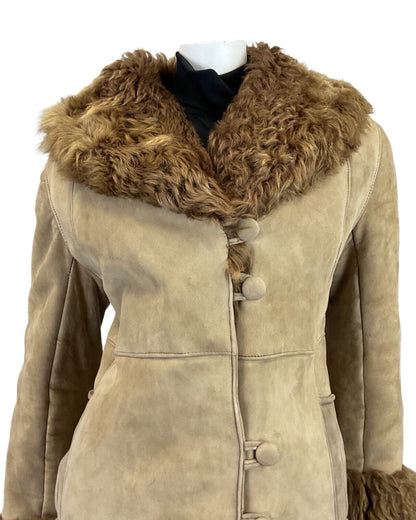 VINTAGE 60s 70s PEANUT BROWN SHEARLING SUEDE LEATHER BOHO PRINCESS COAT 12