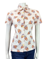 VTG 60s 70s WHITE ORANGE PURPLE FLORAL DOTTY DAGGER COLLAR SHIRT BLOUSE 10 12