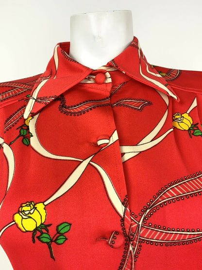 VINTAGE 60s 70s RED WHITE YELLOW ROSE FLORAL RIBBON DAGGER COLLAR SHIRT 10 12