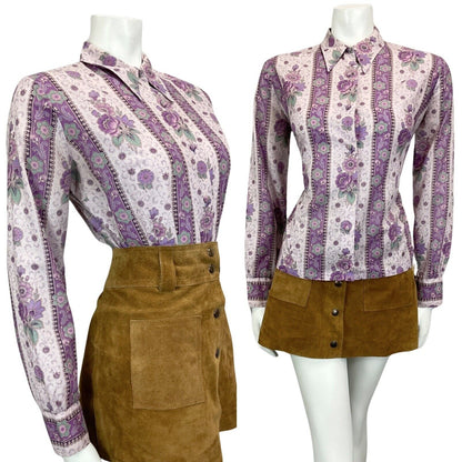 VINTAGE 60s 70s PURPLE LILAC FLORAL PAISLEY BOHO HIPPY BLOUSE 12 14