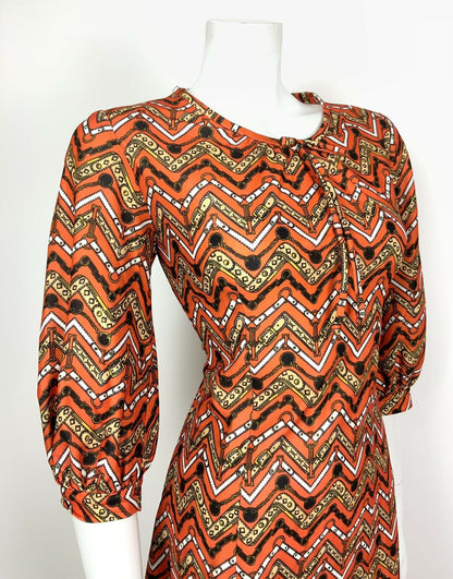 VTG 60s 70s ORANGE BLACK WHITE CHEVRON BELT CHAIN BUCKLE PSYCHEDELIC DRESS 12 14