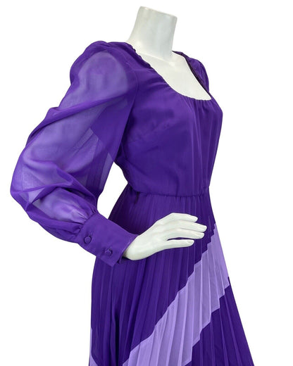 VINTAGE 60s 70s PURPLE LILAC PLEATED SHEER SLEEVE DISCO BOHO FOLK  MAXI DRESS 8