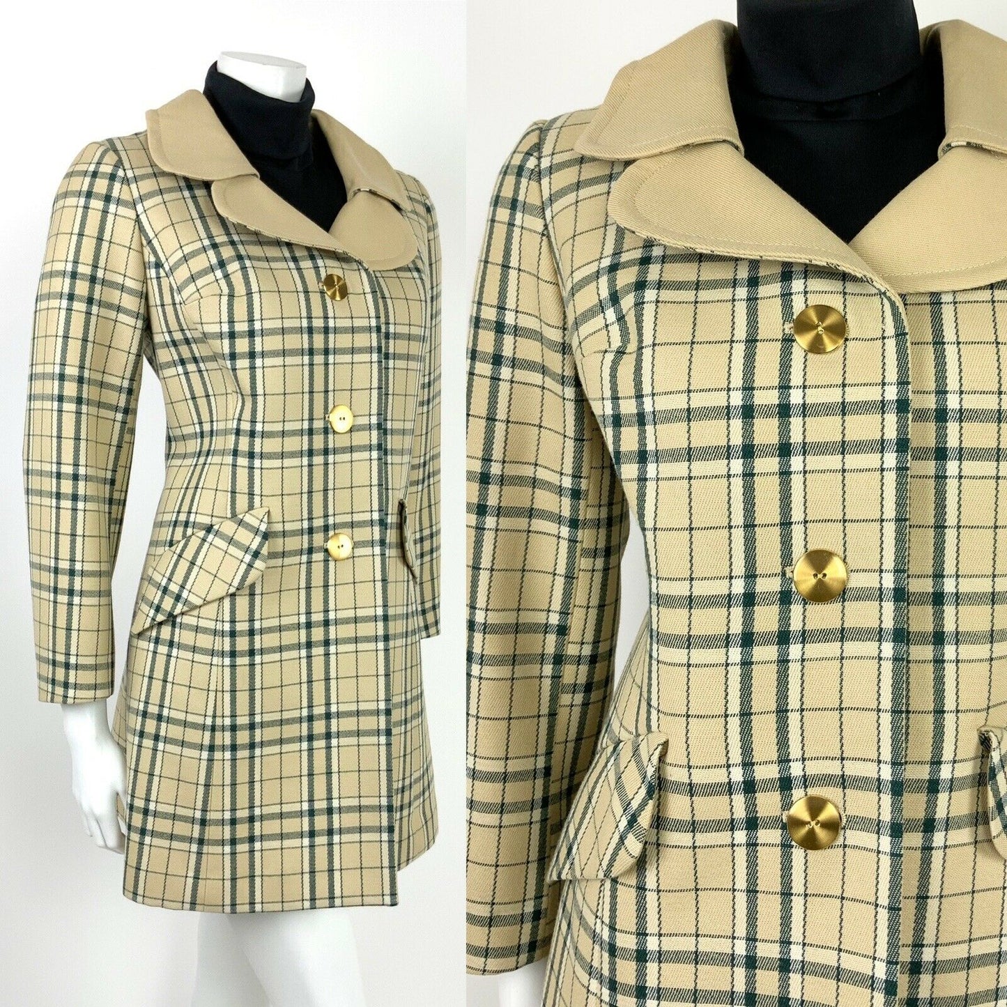 VINTAGE 60s 70s GREEN WHITE BEIGE GOLD PLAID TARTAN LUCIE LINDEN COAT 10 12 14