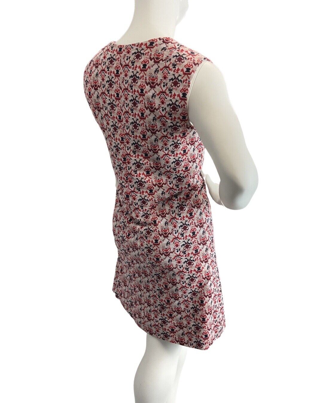 VTG 60s 70s CREAM RED BLUE GEOMETRIC MOD FLORAL LEAFY SLEEVELESS MOD DRESS 16