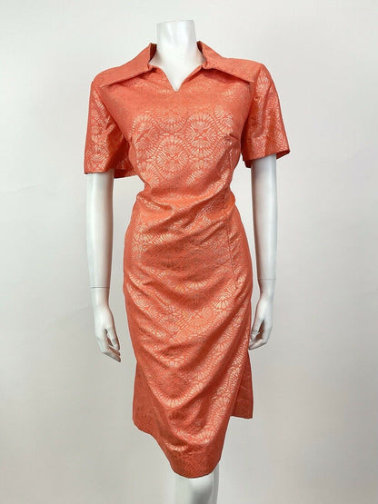 VTG 60s 70s ORANGE GOLD PSYCHEDELIC MANDALA MOD PARTY DAGGER SHIRT DRESS 14 16