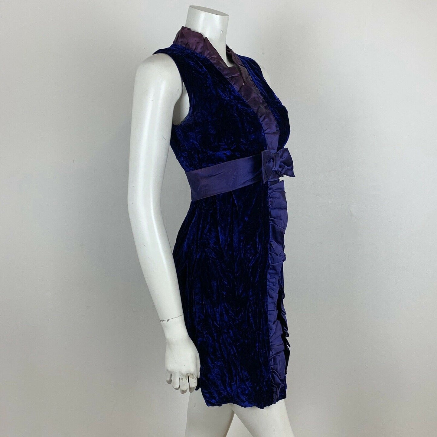 VINTAGE 60S BLUE PURPLE CRUSHED VELVET TAFETTA BOW PARTY DRESS 6