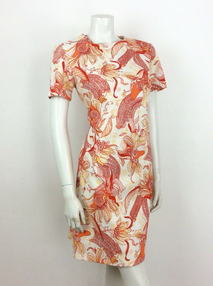 60S 70S VINTAGE ORANGE CREAM PSYCHEDELIC FLORAL SHIFT DRESS 14